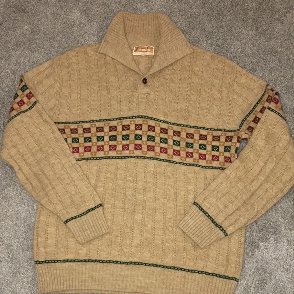Vintage Jantzen Portland Oregon USA made Cableknit Print long sleeve Sweater L